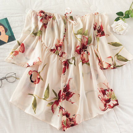 Off-Shoulder Floral Print Jumpsuit with Tie Flare Sleeves Apricot One size Jumpsuit