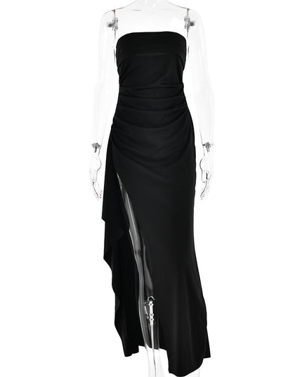 Strapless Pleated Split Long Dress Black Dresses
