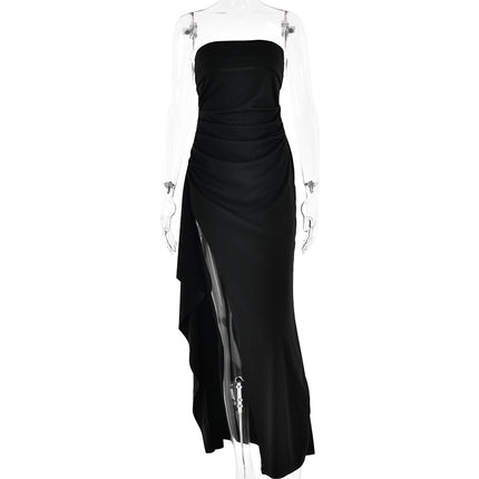 Strapless Pleated Split Long Dress Black Dresses
