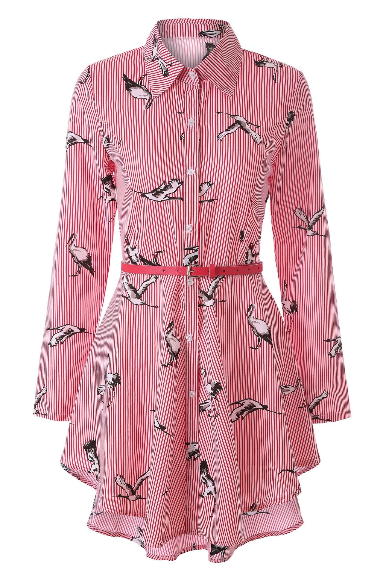 Women's Long Sleeve Striped Cotton Shirt Red Printed Bird Shirts & Tops