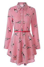 Women's Long Sleeve Striped Cotton Shirt Red Printed Bird Shirts & Tops