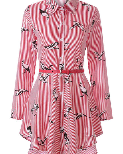 Women's Long Sleeve Striped Cotton Shirt Red Printed Bird Shirts & Tops