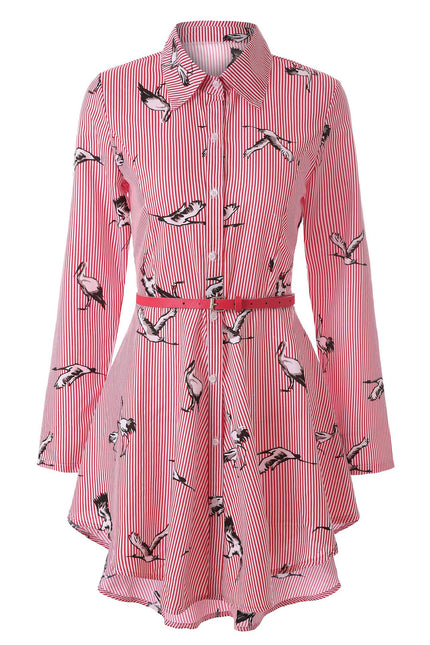 Women's Long Sleeve Striped Cotton Shirt Red Printed Bird Shirts & Tops