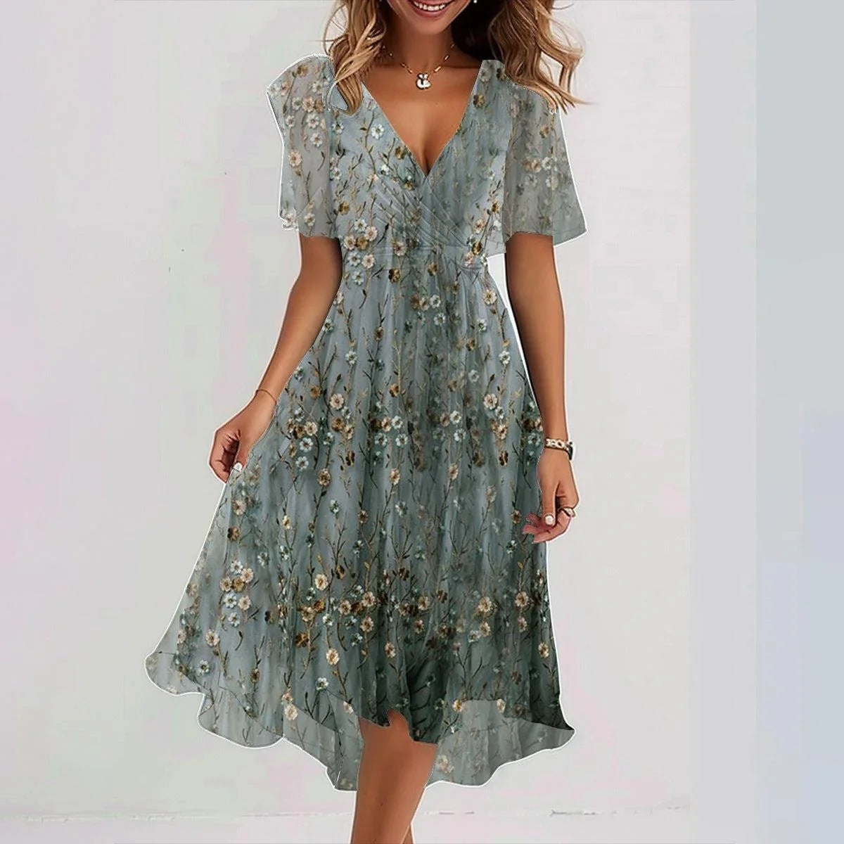 Women's Chiffon Printed V-Neck Dress Gradient dark green Dress