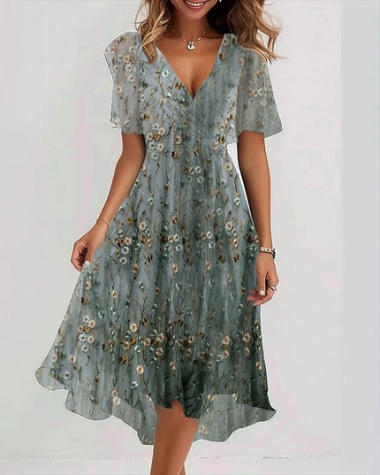 Women's Chiffon Printed V-Neck Dress Gradient dark green Dress