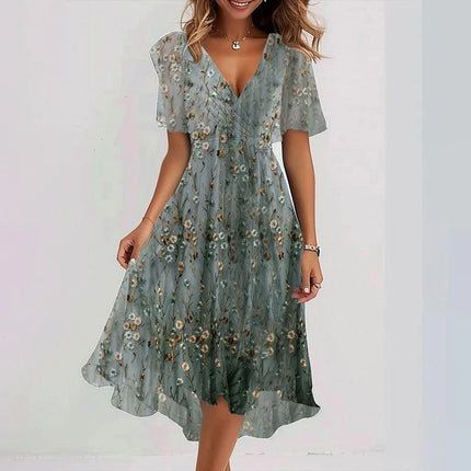 Women's Chiffon Printed V-Neck Dress Gradient dark green Dress