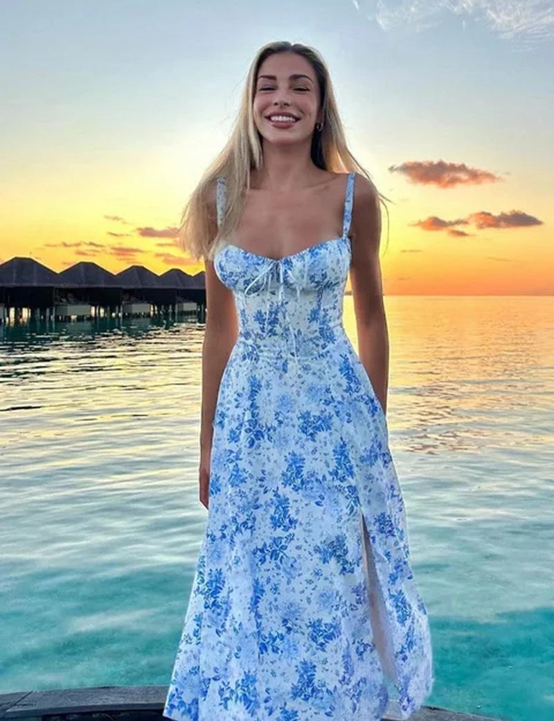 Lace-Up Floral Summer Dress Blue Print Dresses