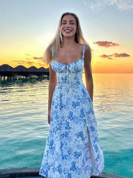Lace-Up Floral Summer Dress Blue Print Dresses