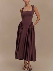 Minimalist Retro Square‑Neck Midi Dress Dresses