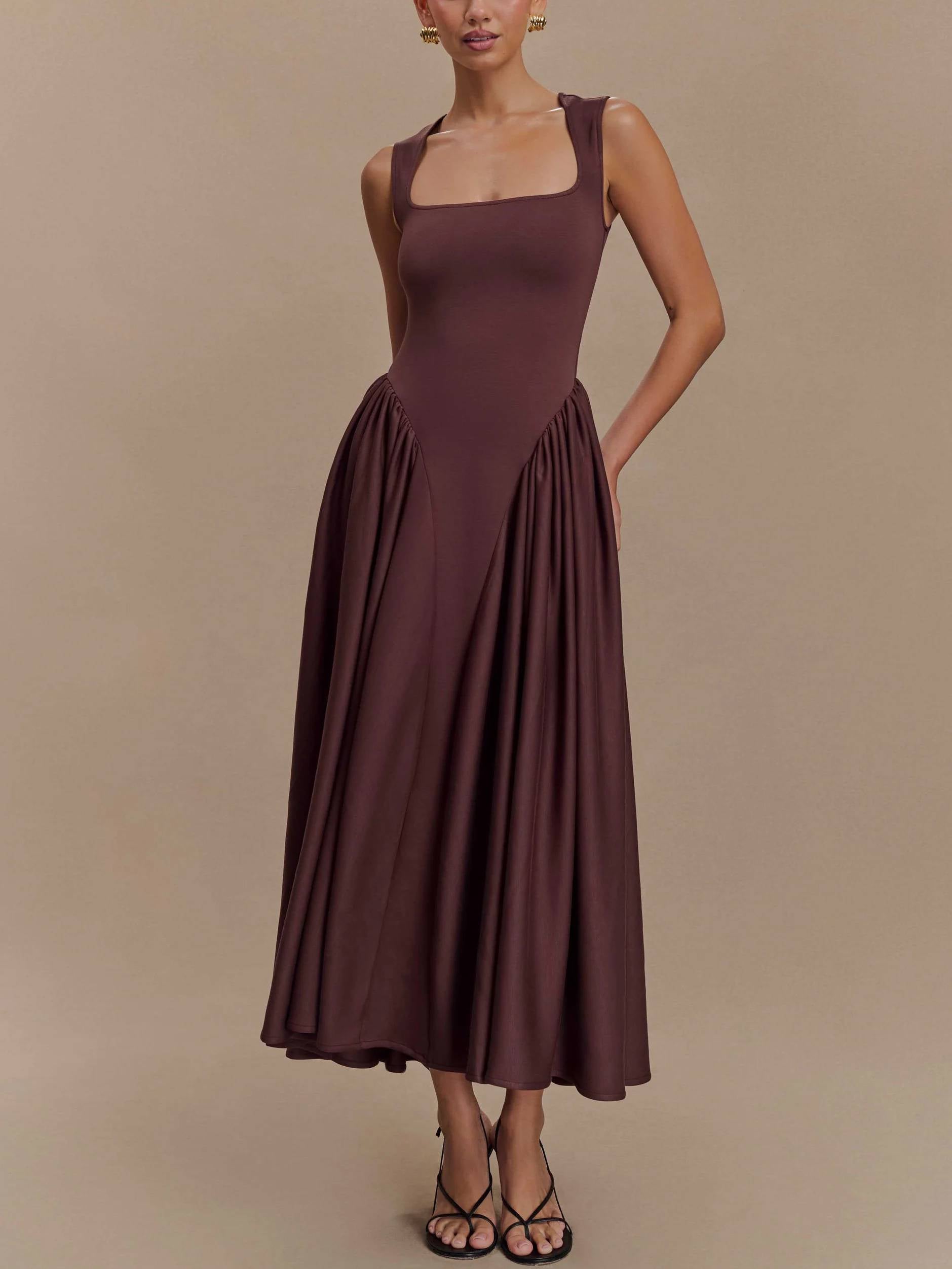 Minimalist Retro Square‑Neck Midi Dress Dresses