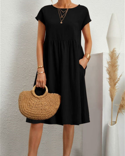 Women’s A‑Line Short‑Sleeve Dress with Pockets Black Dresses