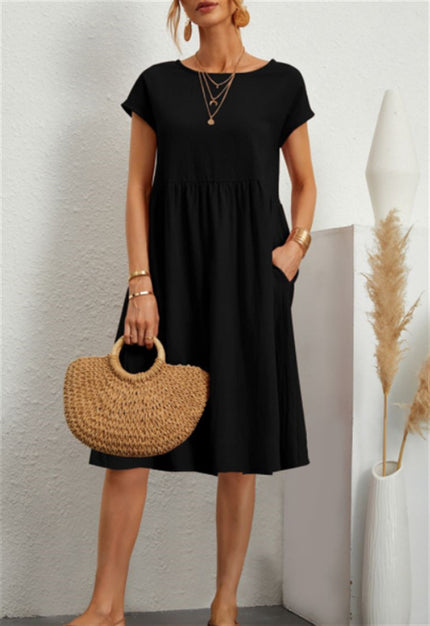 Women’s A‑Line Short‑Sleeve Dress with Pockets Black Dresses