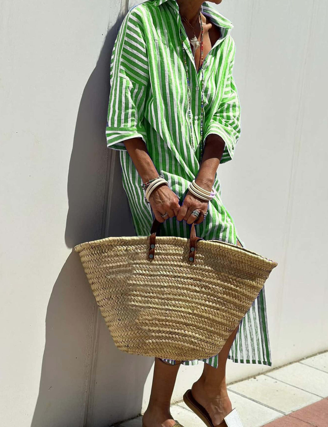 Striped Shirt Dress With Belt Green Dresses