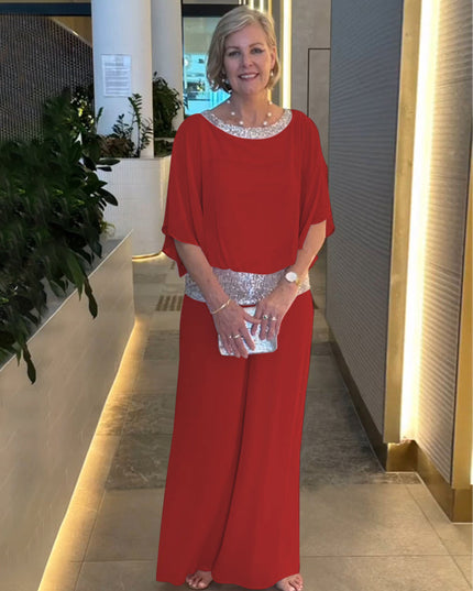 DONA Two‑Piece Set – Airy Blouse with Wide‑Leg Trousers Red Outfit Sets