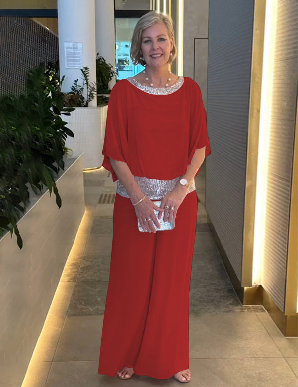 DONA Two‑Piece Set – Airy Blouse with Wide‑Leg Trousers Red Outfit Sets