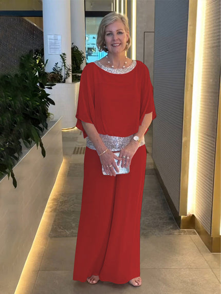 DONA Two‑Piece Set – Airy Blouse with Wide‑Leg Trousers Red Outfit Sets