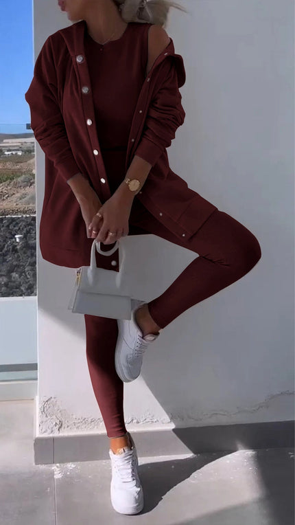 Cassandra | Hooded Cardigan Set Burgundy Pullover/Sweater