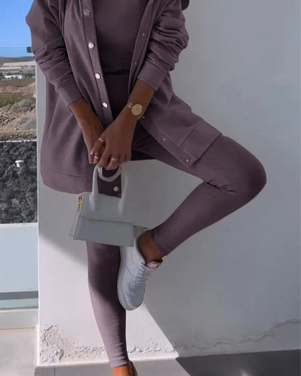 Cassandra | Hooded Cardigan Set Gray Purple Pullover/Sweater