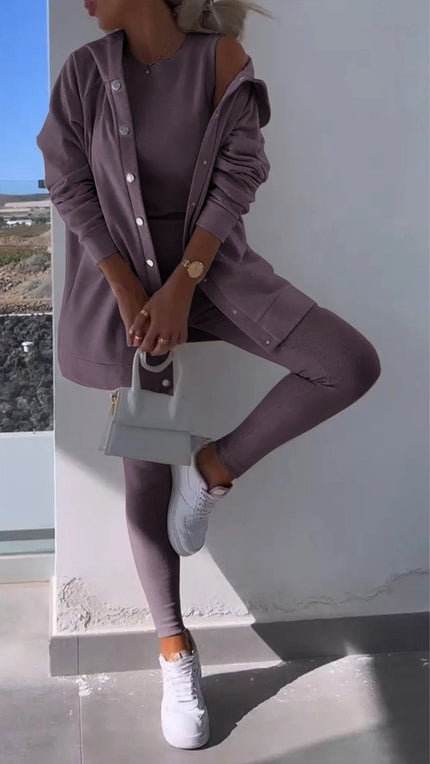 Cassandra | Hooded Cardigan Set Gray Purple Pullover/Sweater