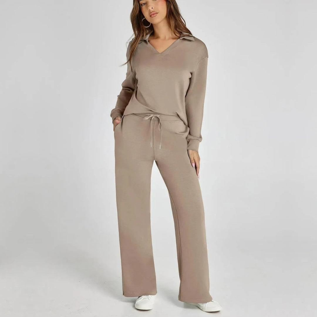 Women’s V‑Neck Long Sleeve Lounge Set Brown Outfit Sets