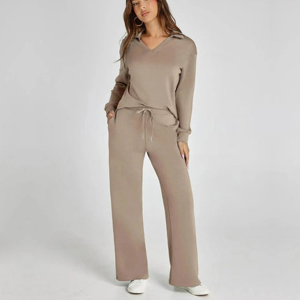 Women’s V‑Neck Long Sleeve Lounge Set Brown Outfit Sets