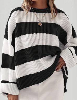 Striped Batwing Sleeve Knit Pullover Green Woman, Sweaters