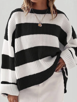 Striped Batwing Sleeve Knit Pullover Green Woman, Sweaters