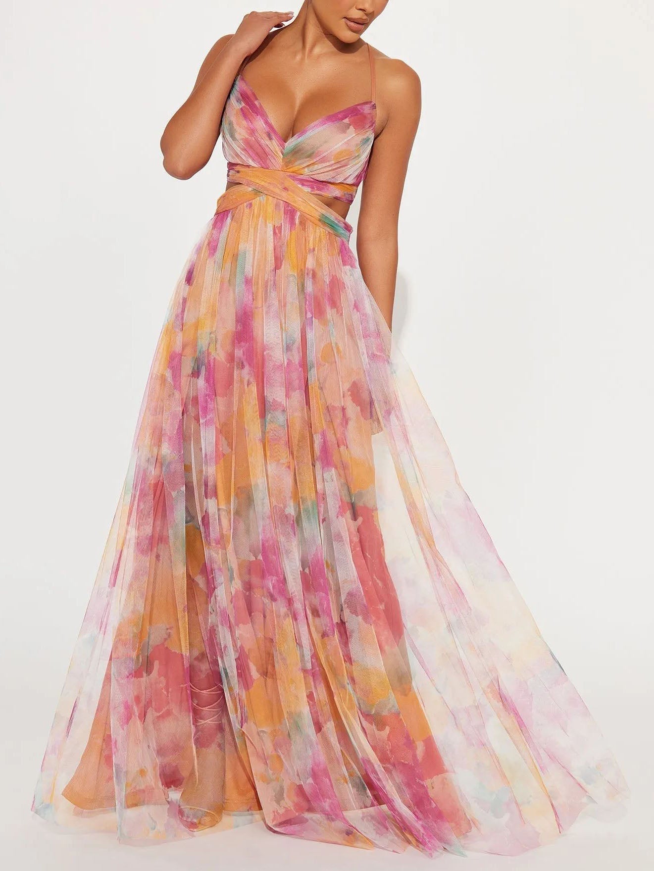 Elegant Painted Floral Print V-Neck A-Line Maxi Dress Dresses