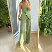 Elegant Women's Tube Top & Wide-Leg Pants Set Light green Sets