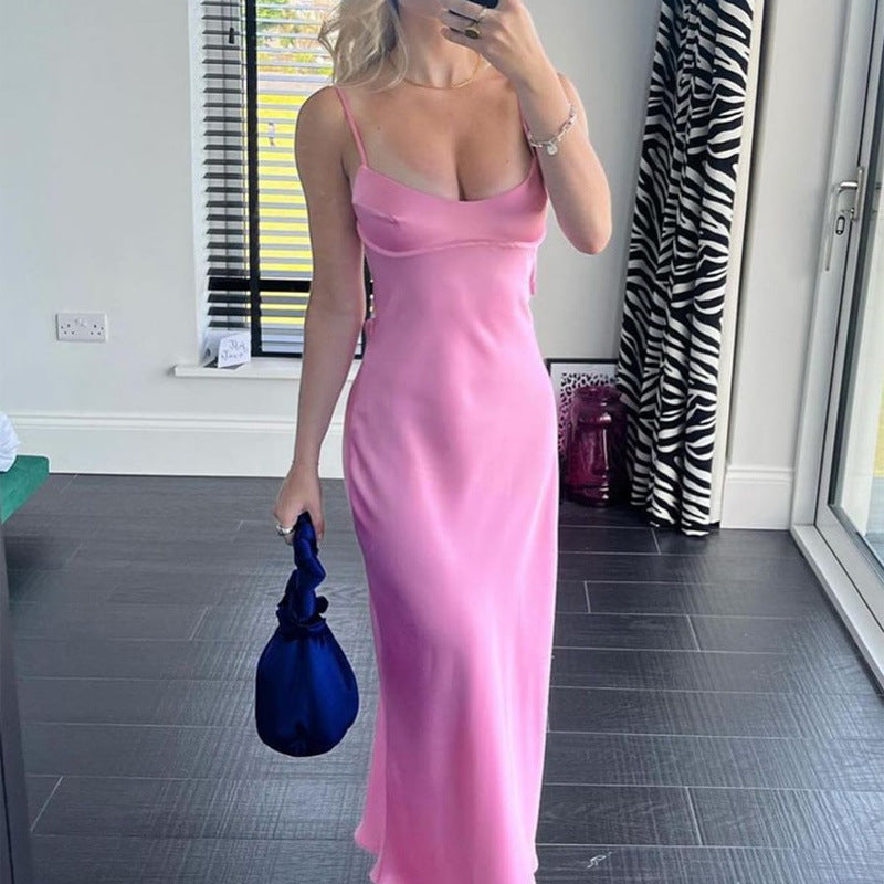 Elegant Women’s Satin Camis Long Dress Pink Dresses