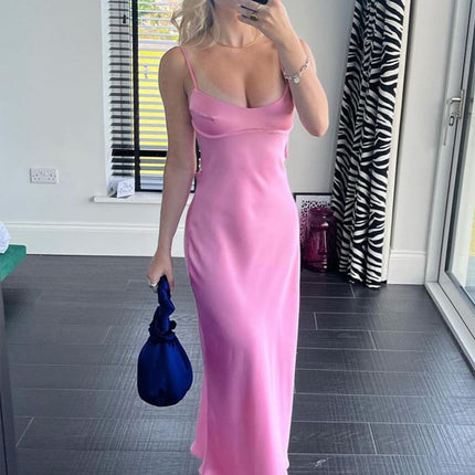 Elegant Women’s Satin Camis Long Dress Pink Dresses