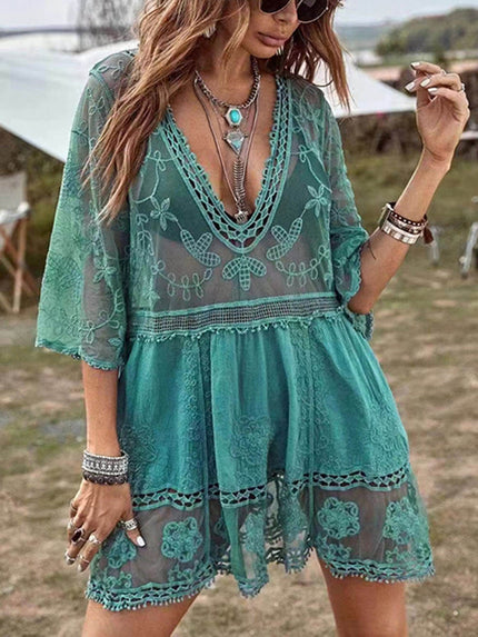 Loose Lace Beach Vacation Bikini Cover-Up Dress Lake Green F Dresses