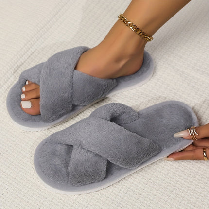 Elegant Open Toe Fuzzy Slippers Grey Slippers