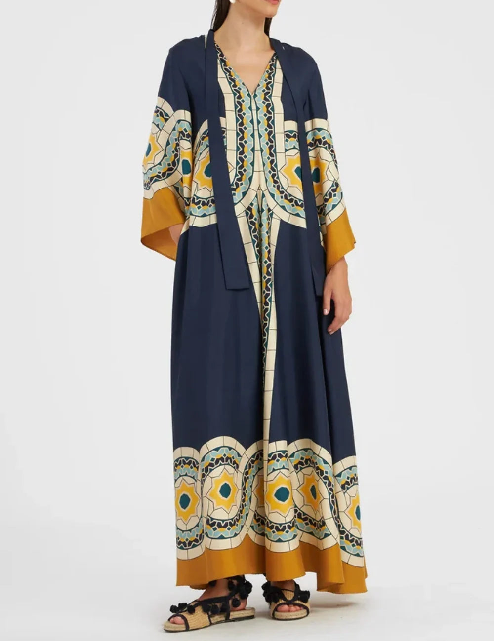 Twill Art Deco Print Maxi Dress Blue Dresses