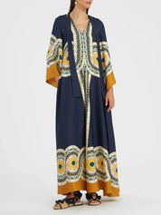 Twill Art Deco Print Maxi Dress Blue Dresses