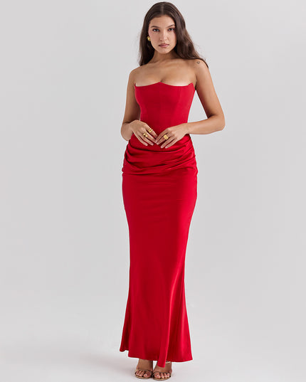Elegant Strapless Backless Maxi Dress Red Dresses