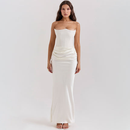 Elegant Strapless Backless Maxi Dress Ivory White Dresses