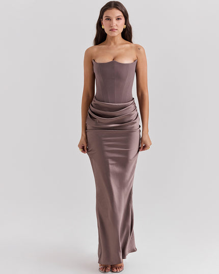 Elegant Strapless Backless Maxi Dress Gray Dresses