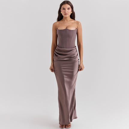 Elegant Strapless Backless Maxi Dress Gray Dresses