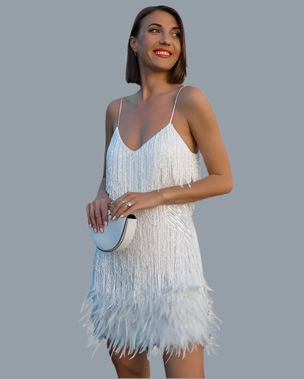 Women's Sequin Feather Mini Dress Wit Dresses