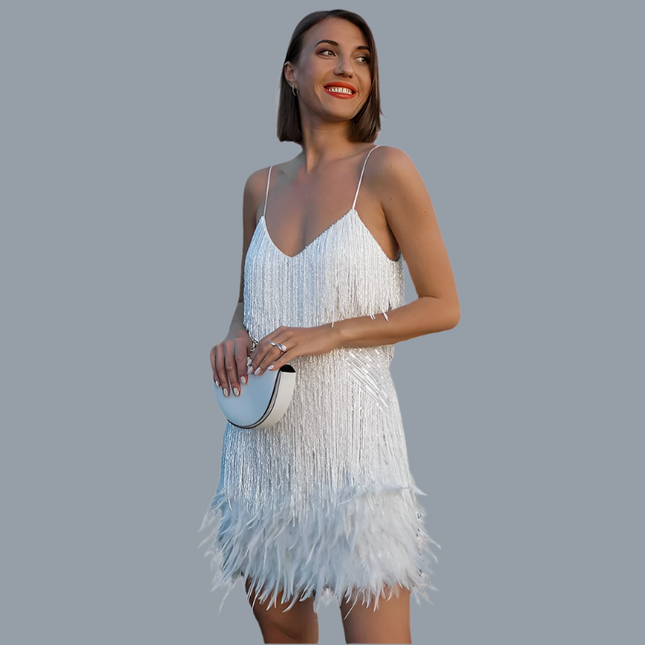 Women's Sequin Feather Mini Dress Wit Dresses