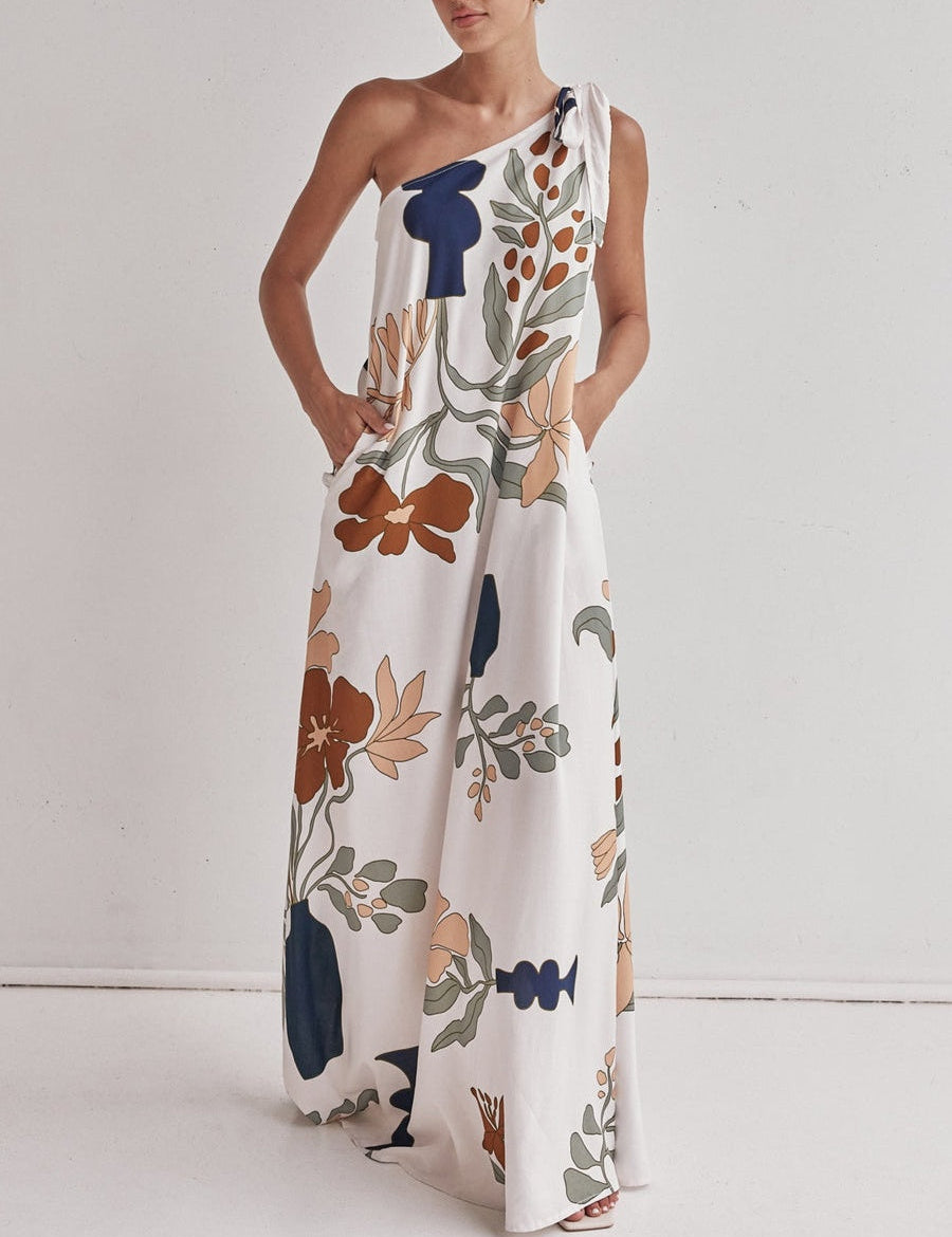 Printed One-Shoulder Maxi Dress White Dresses