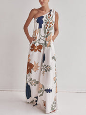 Printed One-Shoulder Maxi Dress White Dresses