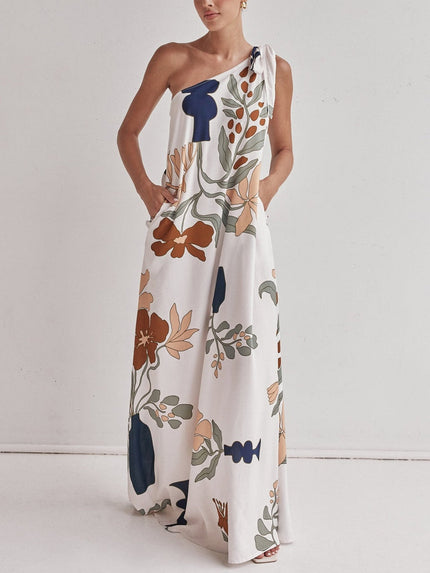 Printed One-Shoulder Maxi Dress White Dresses