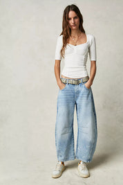 High-Stretch Mid-Rise Barrel Jeans Women Pants