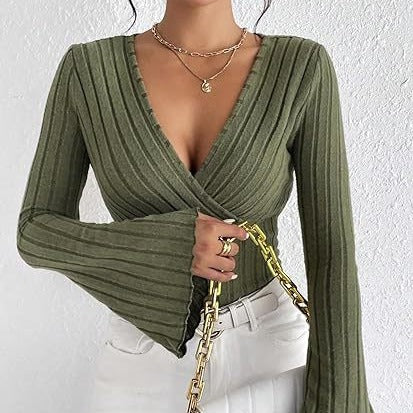 Women’s Ribbed Stripe V‑Neck Slim Fit Long-Sleeve Top Sweaters