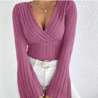 Women’s Ribbed Stripe V‑Neck Slim Fit Long-Sleeve Top Pink Sweaters