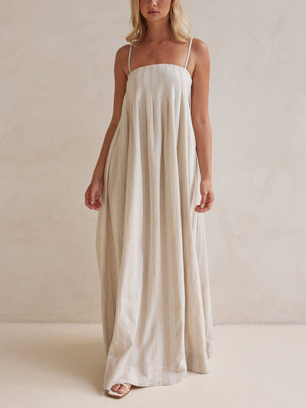 Casual Fashion Halter Neck Striped Maxi Dress Apricot Dresses