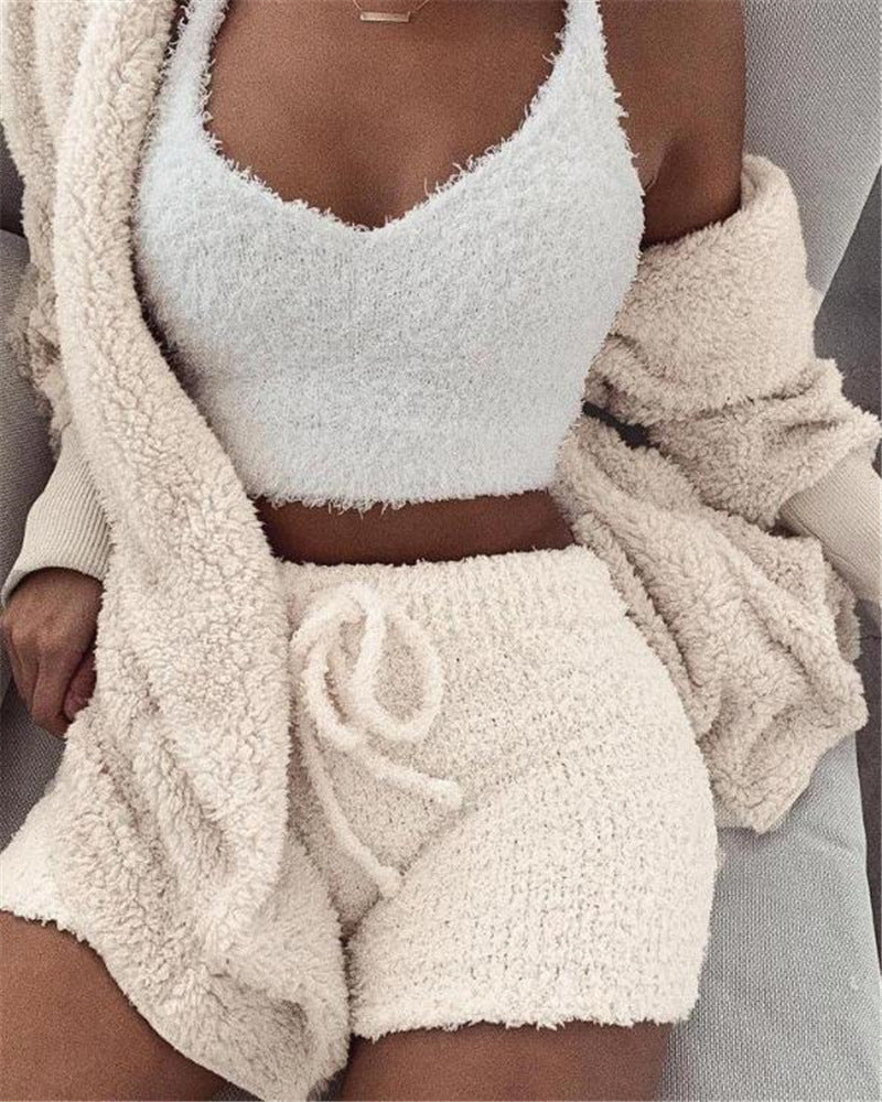 3-Piece Women’s Pajama Set | Crop Top, Shorts & Jacket white Women Pants