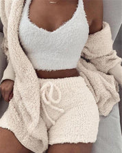 3-Piece Women’s Pajama Set | Crop Top, Shorts & Jacket white Women Pants